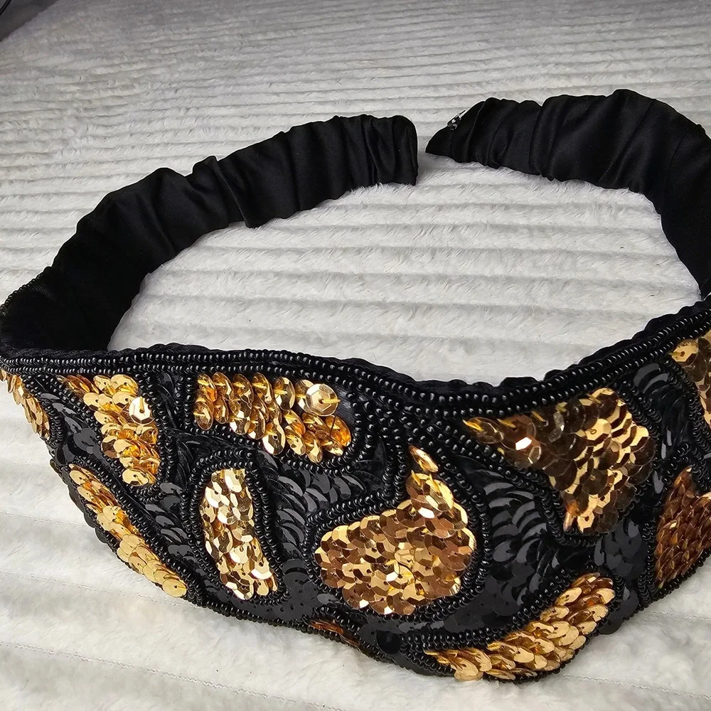 Womens Sequin Beaded Elastic Waist Belt M/L Black Gold Art Deco Flapper Gatsby